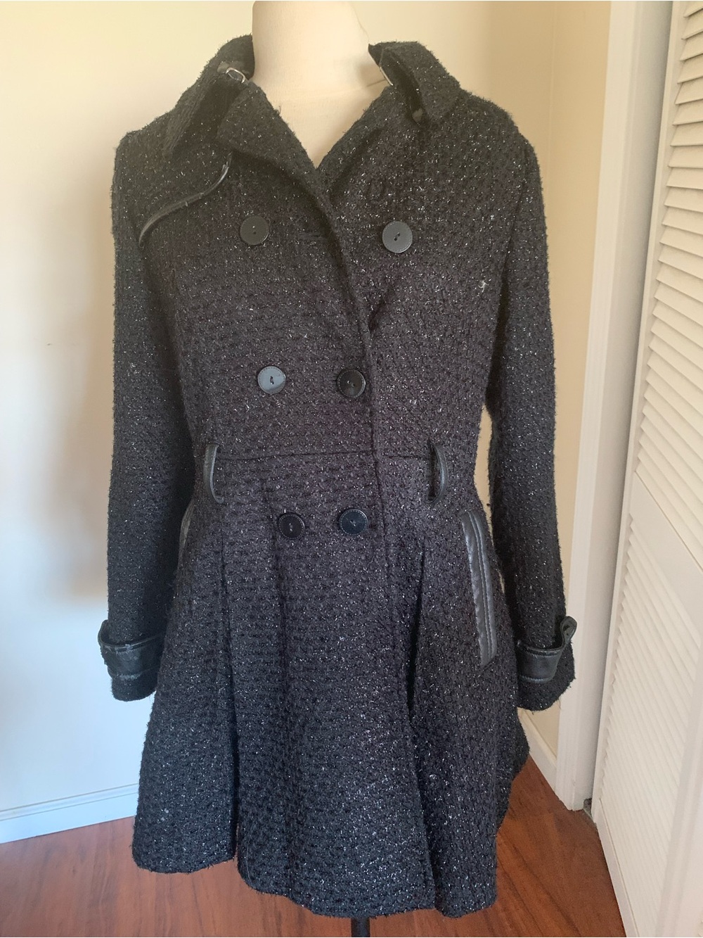 Victoria's Secret Black Textured Double-Breasted Fit-and-Flare Pea Coat
